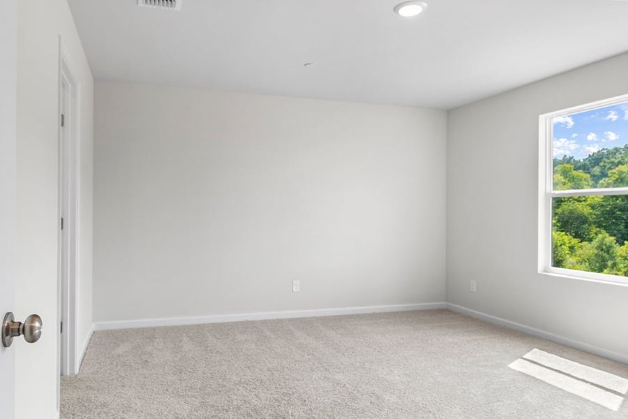 A room with a carpet and a window.