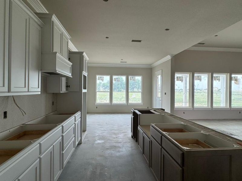 Open concept kitchen and living area featuring white shaker cabinetry, an island with dark wood-finish cabinetry, crown molding, and multiple windows