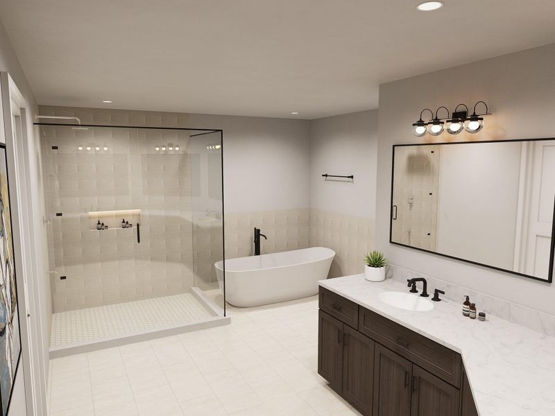 Unwind in the spa-inspired bath with a spacious shower and soaking tub designed for relaxation. Image depicts artist's rendering. Colors and selections my vary from the final product. See New Home Consultant for details.