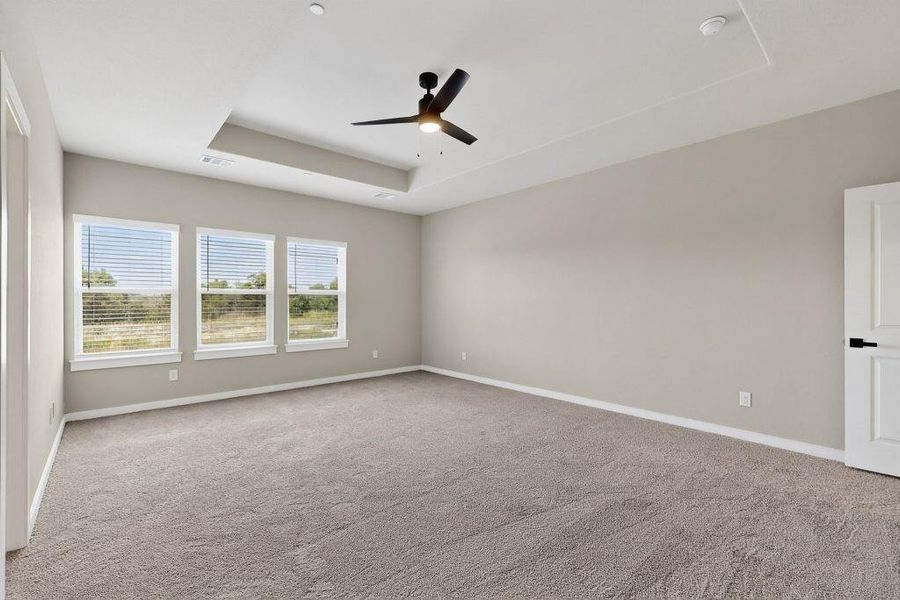 Spare room featuring a raised ceiling, carpet floors, and a ceiling fan Spare room featuring a raised ceiling, carpet floors, and a ceiling fan