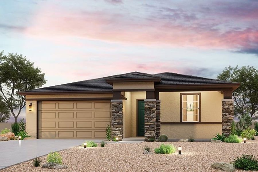 Front exterior of a new home in El Cidro, Goodyear, AZ, highlighting curb appeal (Image 1).