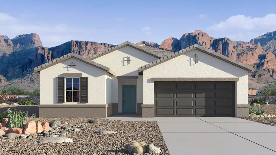Front exterior of a new home in Desert Moon Estates, Buckeye, AZ, highlighting curb appeal (Image 1). Front exterior of a new home in Desert Moon Estates, Buckeye, AZ, highlighting curb appeal (Image 1).