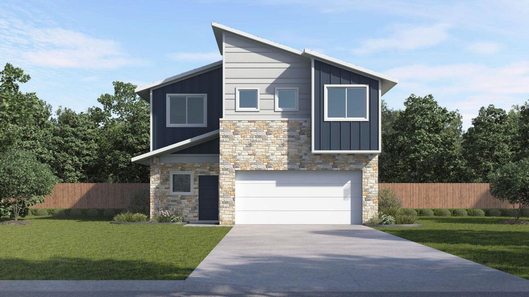 Front exterior of a new home in Frontier, Mustang Ridge, TX, highlighting curb appeal (Image 1). Front exterior of a new home in Frontier, Mustang Ridge, TX, highlighting curb appeal (Image 1).