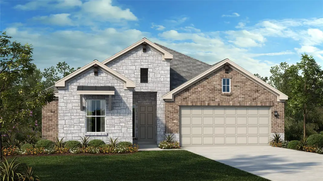 Front exterior of a new home in University Heights, Round Rock, TX, highlighting curb appeal (Image 1).