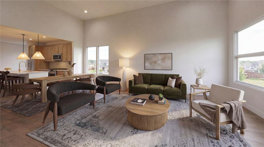 Open-concept living space featuring high ceilings, wood-finish flooring, and large windows Open-concept living space featuring high ceilings, wood-finish flooring, and large windows