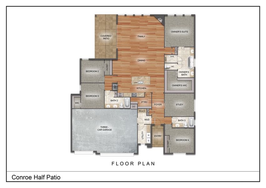 2D floor plan layout for the The Conroe by Kenmark Homes in LeTara, Haslet, TX (Image 3).