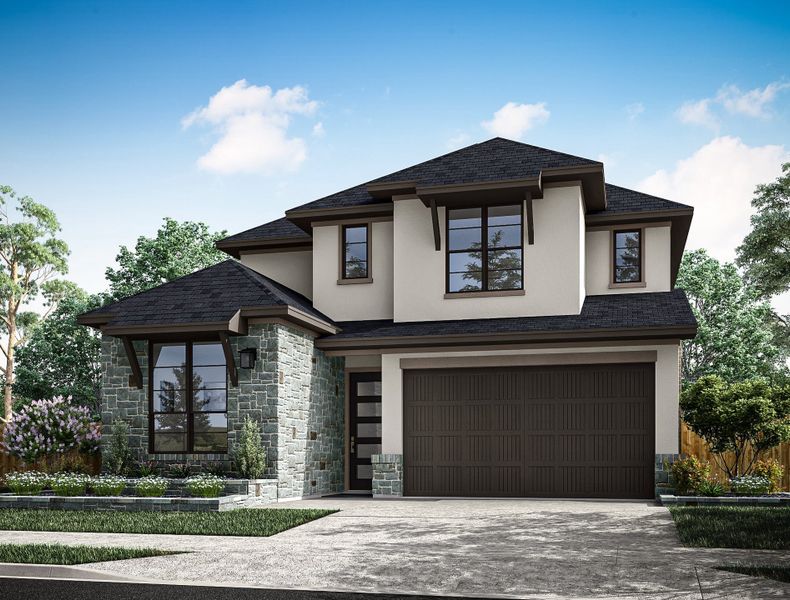 Front exterior of a new home in Jubilee 50′, Hockley, TX, highlighting curb appeal (Image 1). Front exterior of a new home in Jubilee 50′, Hockley, TX, highlighting curb appeal (Image 1).