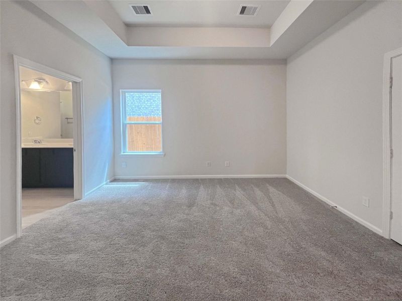 Owner's Suite with Tray Ceiling. Home under construction. Sample floor plan photo used for illustrative purposes only. Upgrades, selections options, windows and colors may vary.