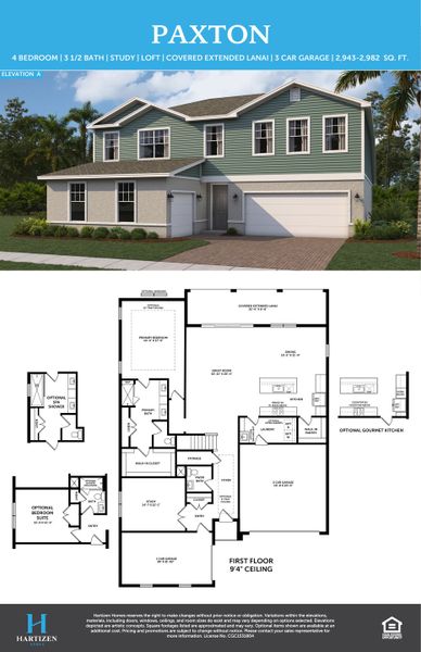 2D floor plan layout for the Paxton by Hartizen Homes in Eden Crest Single Family Homes, Apopka, FL (Image 5).