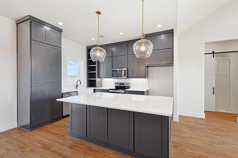 Kitchen with pendant lighting, appliances with stainless steel finishes, light wood-type flooring, and a barn door