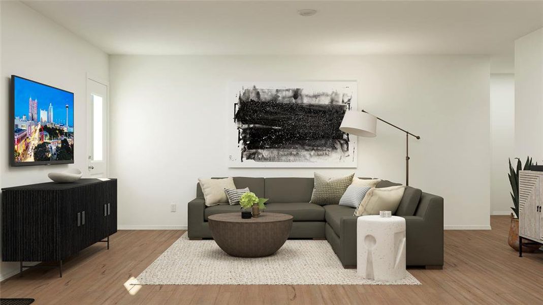 Living room with light hardwood / wood-style floors