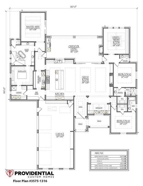 2D floor plan layout for the Plan 1316 by PROVIDENTIAL CUSTOM HOMES in Eden Ranch, Lewisville, TX (Image 1).