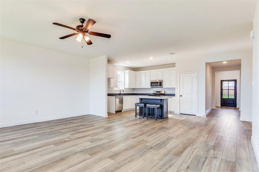 Kitchen featuring white cabinets, stainless steel appliances, light hardwood / wood-style floors, and ceiling fan