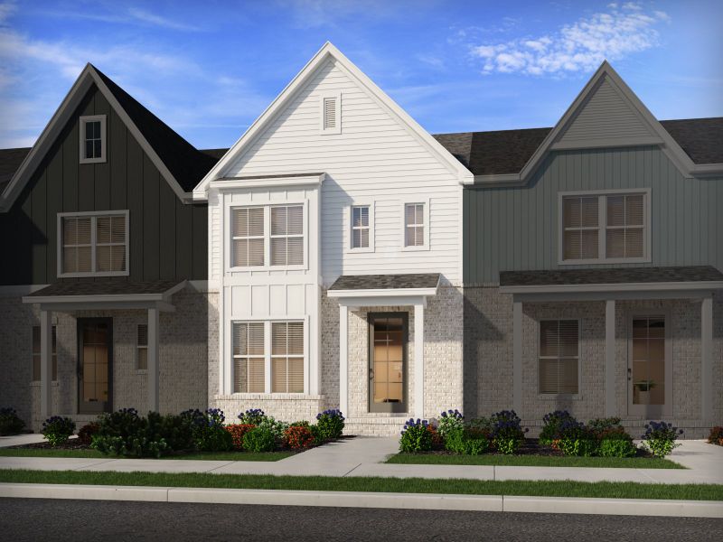 Front exterior of a new home in Greystone - Vista Townhomes, Smyrna, TN, highlighting curb appeal (Image 1). Front exterior of a new home in Greystone - Vista Townhomes, Smyrna, TN, highlighting curb appeal (Image 1).