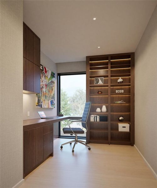 Home office with light wood finished floors and recessed lighting Home office with light wood finished floors and recessed lighting
