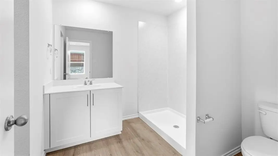 Bathroom with a shower stall, light wood-style floors, vanity, and recessed lighting Bathroom with a shower stall, light wood-style floors, vanity, and recessed lighting