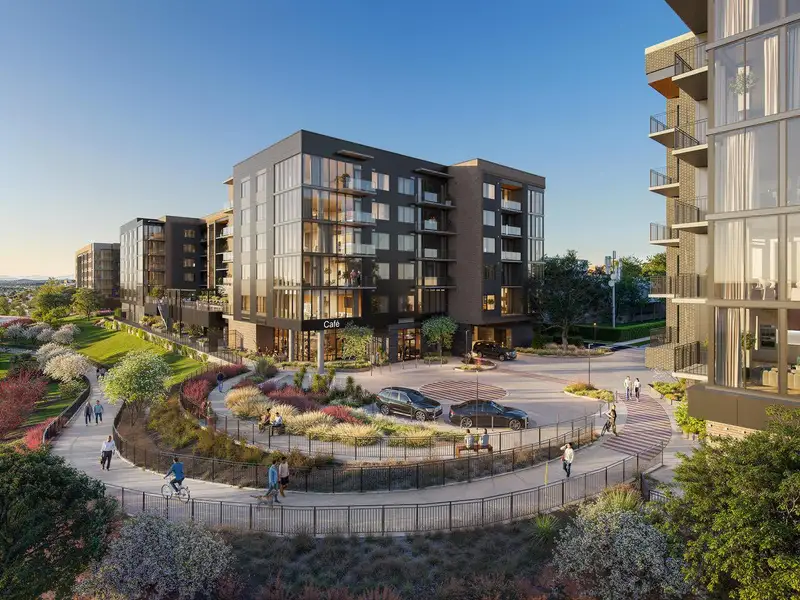 Exterior view of the residences and landscaped entry