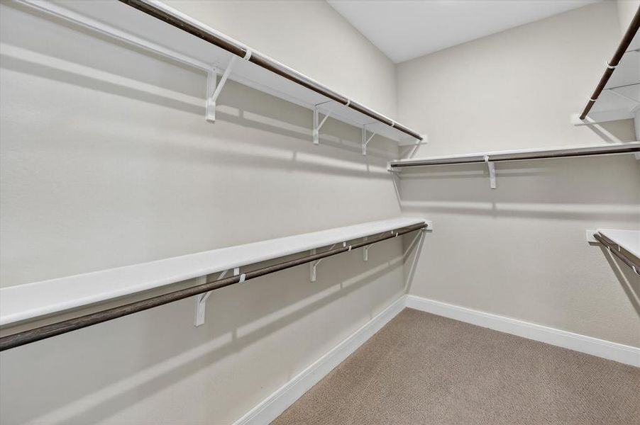 Walk-in closet featuring light beige wall paint, white shelving, dark wood-finish hanging rods, and light brown carpeting Walk-in closet featuring light beige wall paint, white shelving, dark wood-finish hanging rods, and light brown carpeting