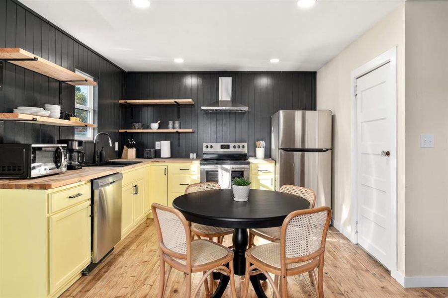 Amazing eat-in kitchen with new cabinets, hardware, appliances, shelving, sink and fixtures. Closet leads to laundry space and owner's storage.