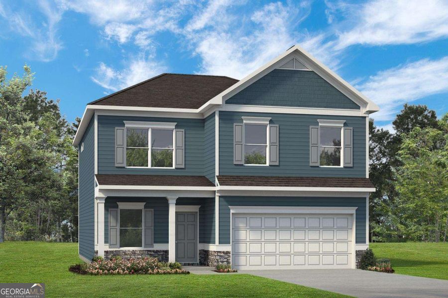 Front exterior of a new home in Bryson Farms, Byron, GA, highlighting curb appeal (Image 1).
