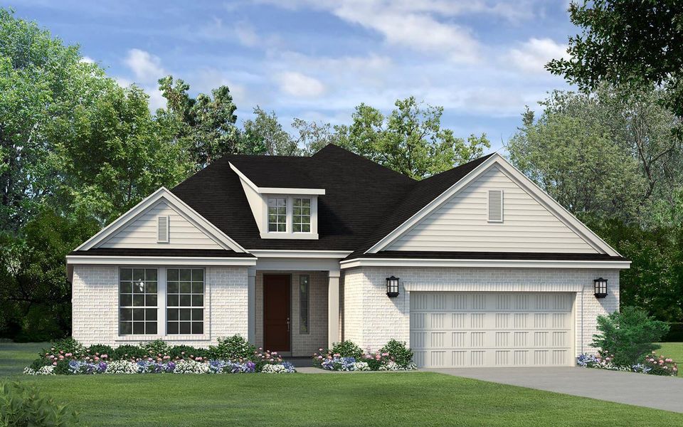 View of front of house with a garage, a front yard, brick siding, and concrete driveway