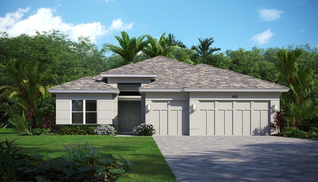 Front exterior of a new home in Lucaya Pointe, Vero Beach, FL, highlighting curb appeal (Image 1).