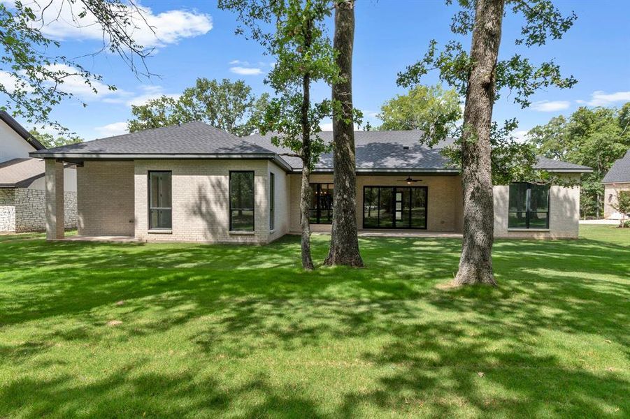 Back of house with a patio, a yard, and ceiling fan