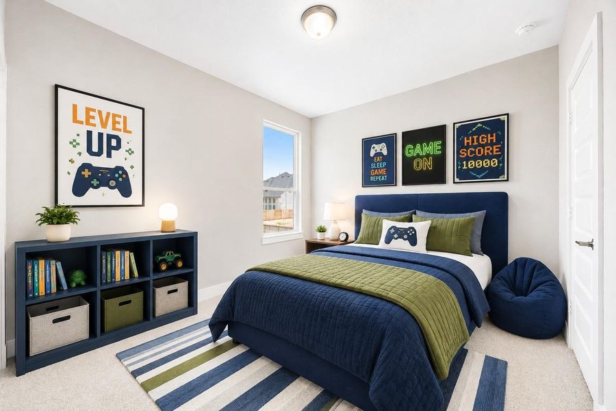 This secondary bedroom offers plush carpet, a large window with backyard views, and the convenience of its own private en-suite bath. Virtually staged. This secondary bedroom offers plush carpet, a large window with backyard views, and the convenience of its own private en-suite bath. Virtually staged.