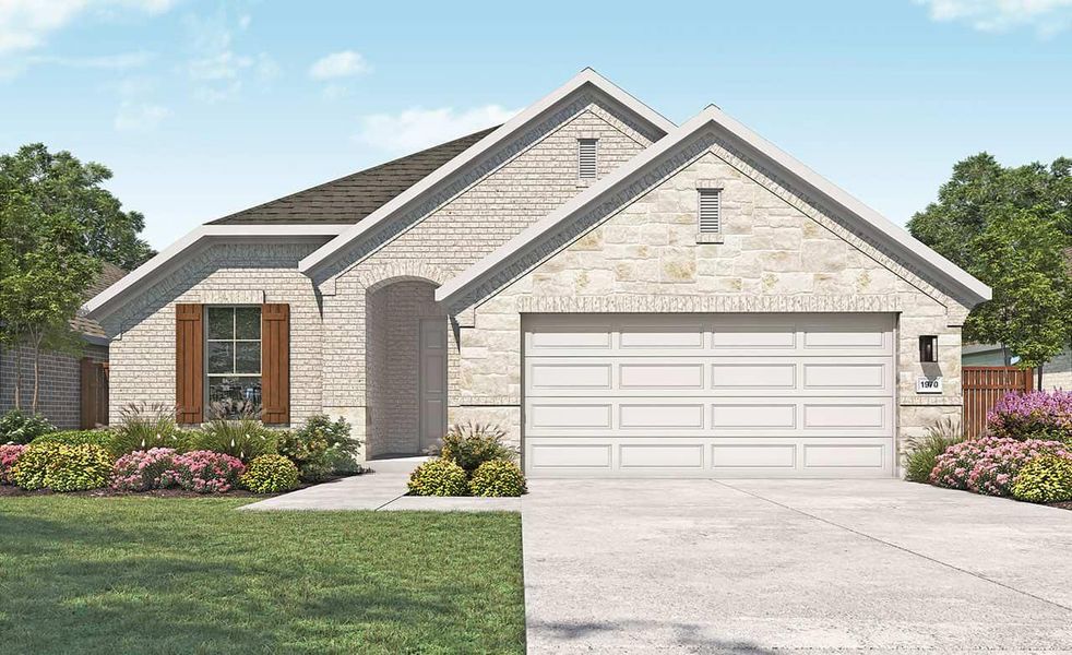 French country inspired facade with brick siding, an attached garage, a front lawn, fence, and driveway