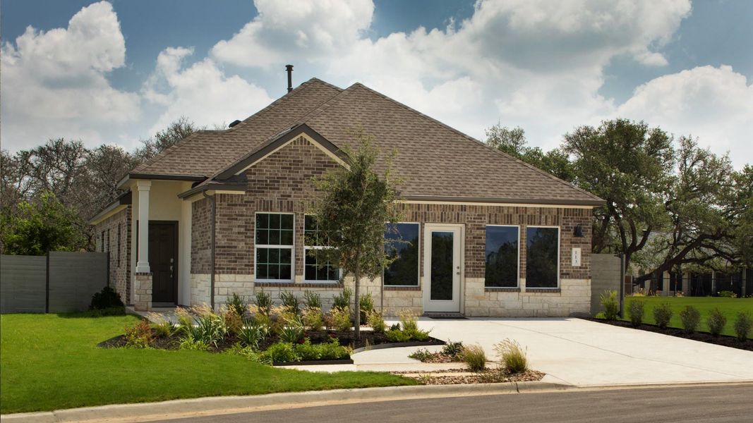 Front exterior of a new home in Meadowlark Preserve, Pflugerville, TX, highlighting curb appeal (Image 17).