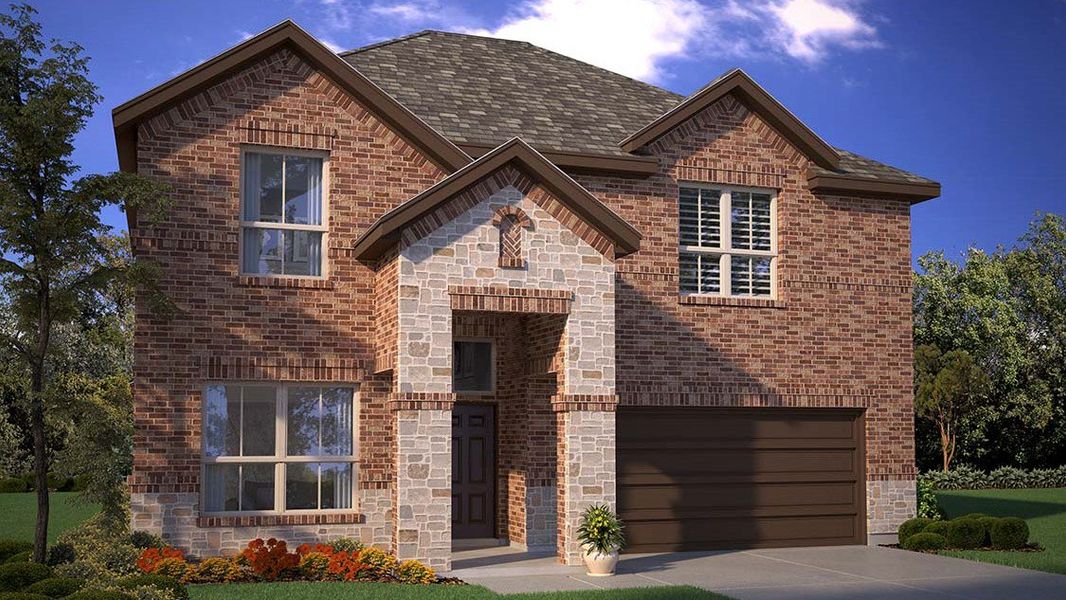 Front exterior of a new home in Parkerville Meadows, DeSoto, TX, highlighting curb appeal (Image 1). Front exterior of a new home in Parkerville Meadows, DeSoto, TX, highlighting curb appeal (Image 1).
