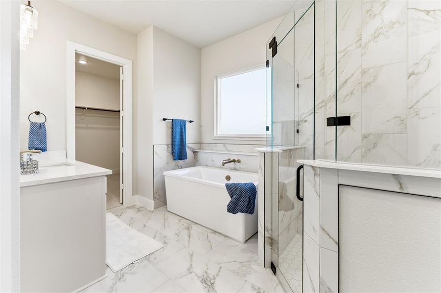 Bathroom with a walk in closet, vanity, light marble finish flooring, a freestanding bath, and a marble finish shower