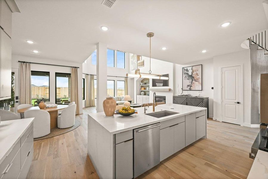The large kitchen area provides space for a breakfast table. Representative image.