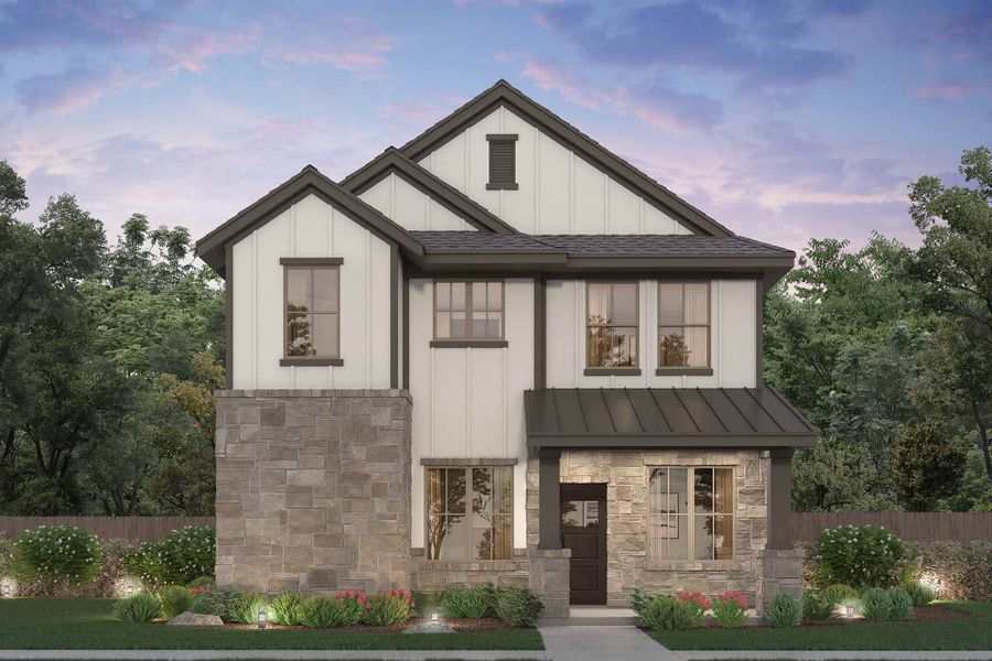 Representative exterior photo of a completed home built from the Emmerson by Risewell Homes in The Porch at Du Pre, Buda, TX (Image 11). Representative exterior photo of a completed home built from the Emmerson by Risewell Homes in The Porch at Du Pre, Buda, TX (Image 11).