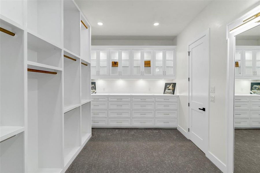 Spacious closet featuring dark colored carpet