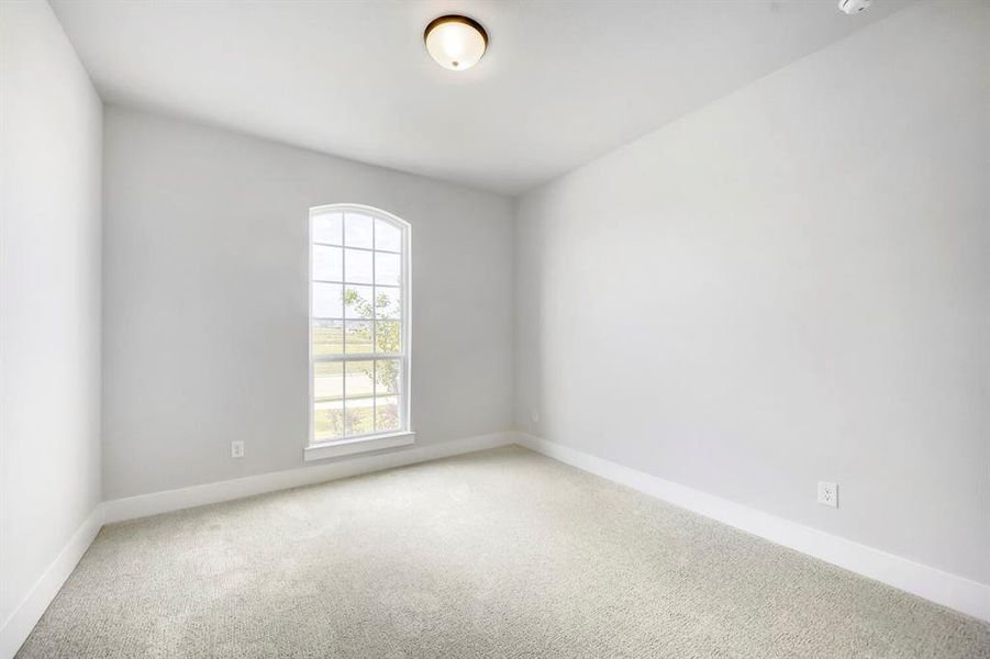 Light-filled room featuring an arched window with grid panes, neutral wall color, and plush carpeting