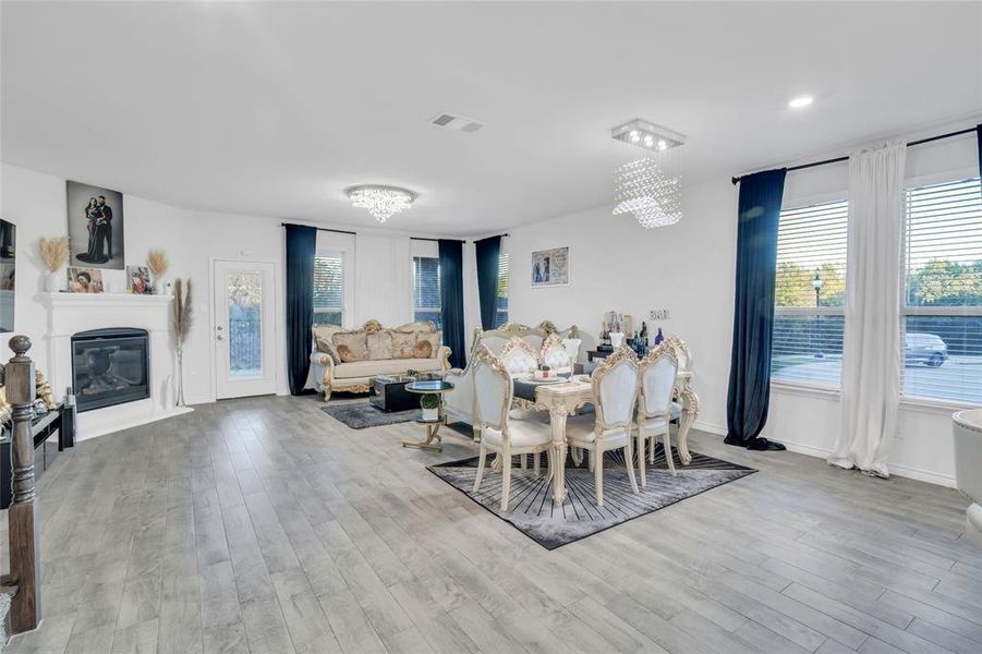 Dining area with light wood-type flooring