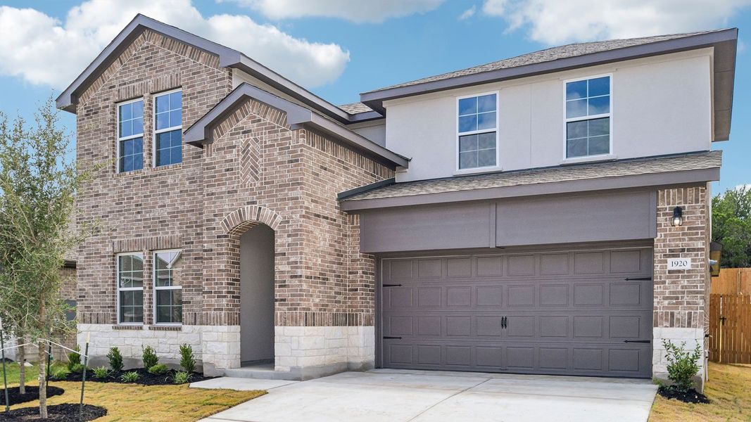 Front exterior of a new home in Rosenbusch Ranch, Leander, TX, highlighting curb appeal (Image 19).