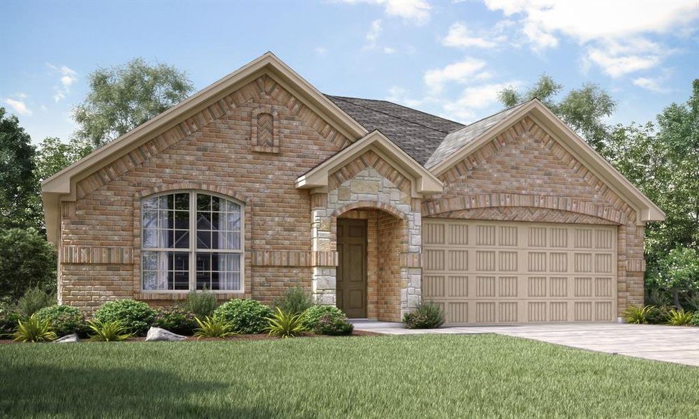 View of front of house with a front yard and a garage