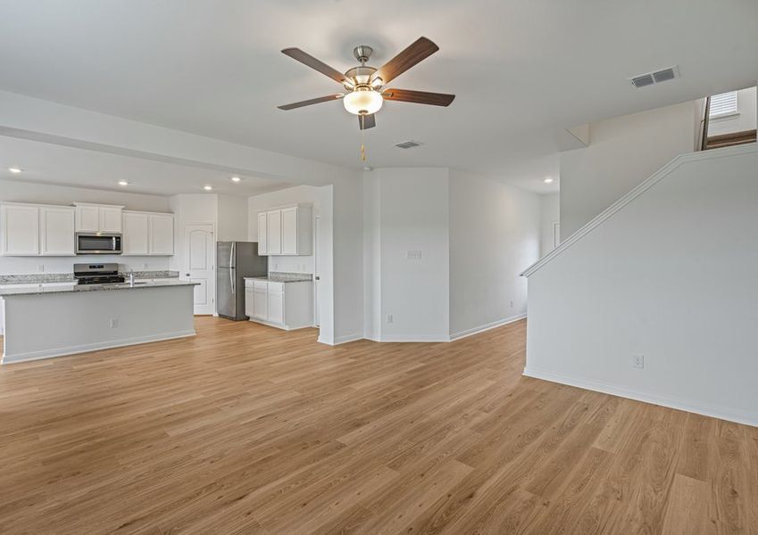 Vinly flooring in the family room and kitchen