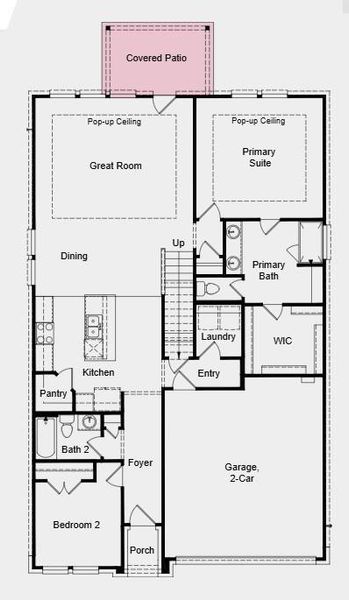 Additional Highlights Include: 12" pop-up ceilings at primary suite and great room, covered patio, GE refrigerator, GE top load washer and dryer and whole house blinds.