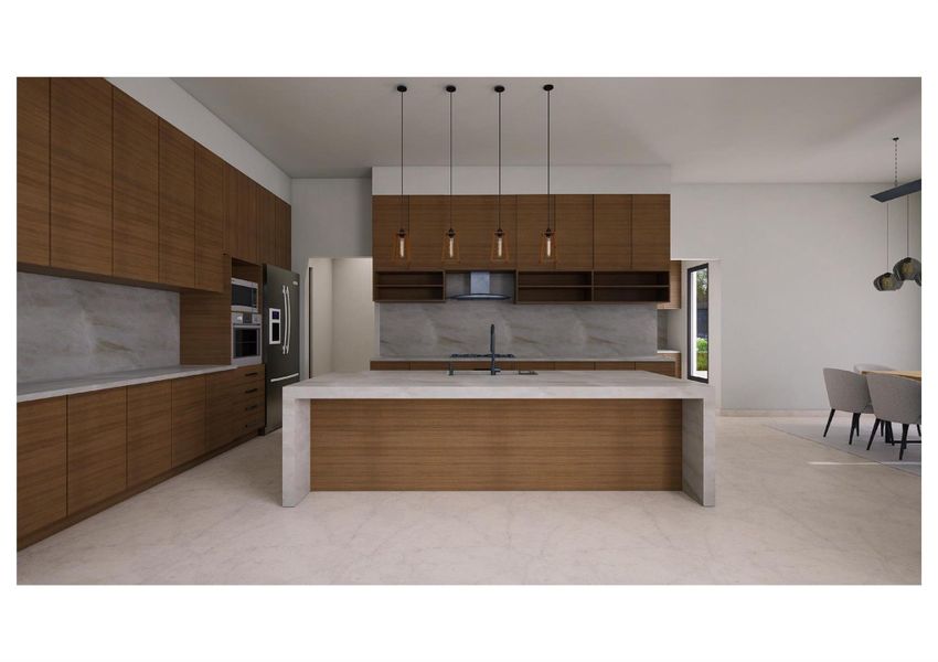 Kitchen with modern cabinets, wall chimney exhaust hood, brown cabinetry, and tasteful backsplash Kitchen with modern cabinets, wall chimney exhaust hood, brown cabinetry, and tasteful backsplash