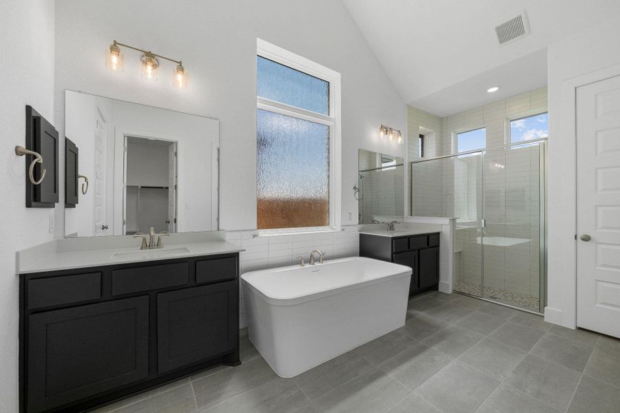 Primary Bath retreat with dual vanities & soaking tub