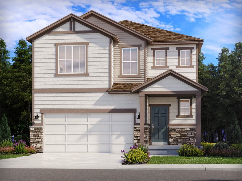 Representative exterior photo of a completed home built from the The Red Rock by Meritage Homes in Lorson Ranch: The Trail Collection, Colorado Springs, CO (Image 12). Representative exterior photo of a completed home built from the The Red Rock by Meritage Homes in Lorson Ranch: The Trail Collection, Colorado Springs, CO (Image 12).