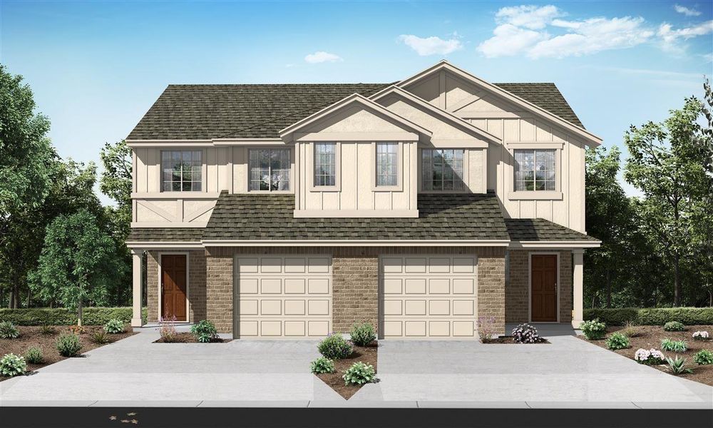 Front exterior of a new home in Saddle Creek Twinhomes, Georgetown, TX, highlighting curb appeal (Image 21).