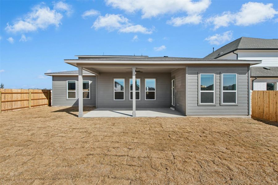 Rear view of property with a fenced backyard, a patio area, and ceiling fan