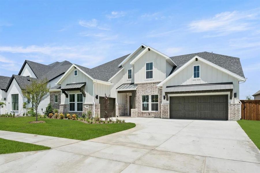 Front exterior of a new home in Walsh Ranch 70', Fort Worth, TX, highlighting curb appeal (Image 24). Front exterior of a new home in Walsh Ranch 70', Fort Worth, TX, highlighting curb appeal (Image 24).