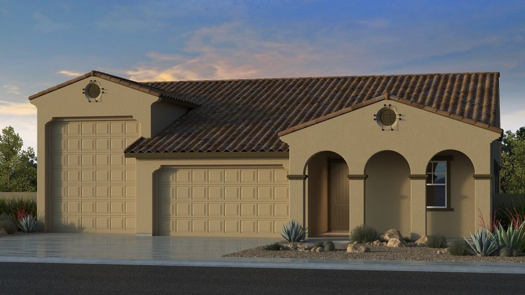 Front exterior of a new home in Allen Ranches, Litchfield Park, AZ, highlighting curb appeal (Image 1). Front exterior of a new home in Allen Ranches, Litchfield Park, AZ, highlighting curb appeal (Image 1).