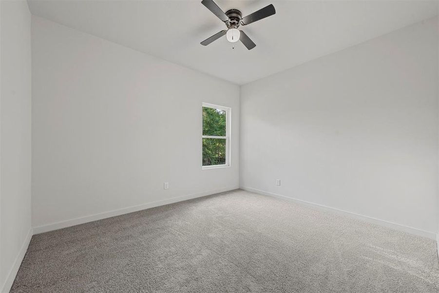 Empty room featuring carpet floors and ceiling fan