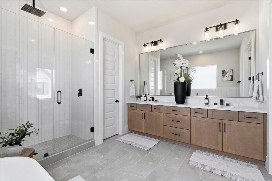 Thoughtfully designed with generous proportions, the primary bath offers a balanced layout between the tub, shower, and vanity areas. Thoughtfully designed with generous proportions, the primary bath offers a balanced layout between the tub, shower, and vanity areas.